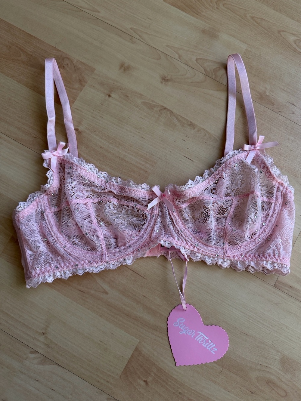 Sugar Thrillz Pink Lace Underwire Bra with Bow Accents